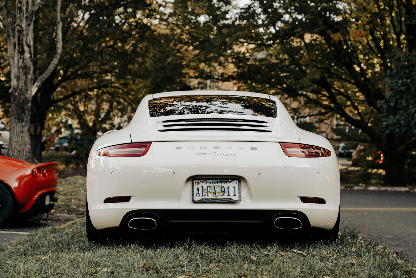 A white Porsche 911, rear view with custom plate.